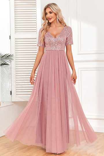 Dusty Rose A-Line V Neck Tulle Formal Dress with Short Sleeves